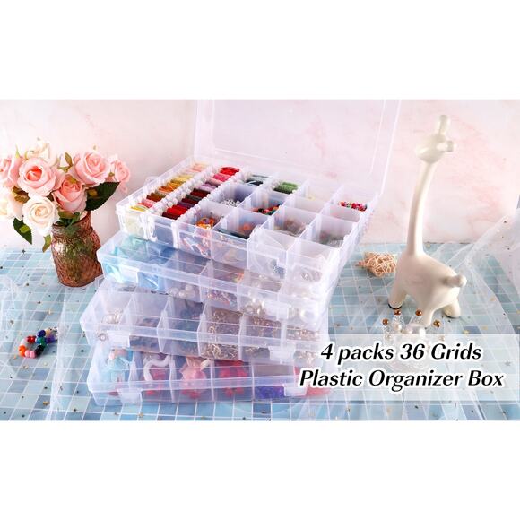 4 Pack 36 Grids Clear Plastic Organizer Box with Adjustable Dividers New - Picture 11 of 14